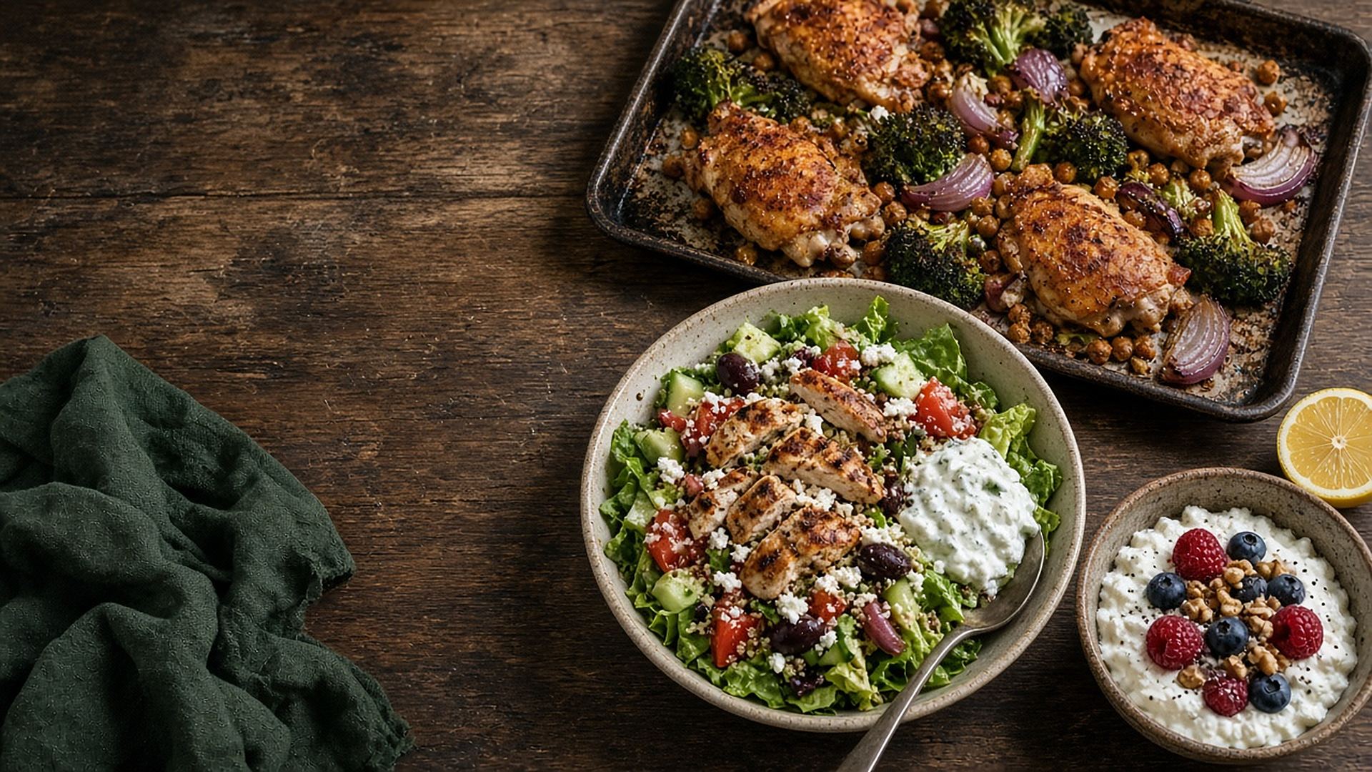 Paprika chicken traybake, a Greek chicken bowl and a berry cottage cheese bowl on a rustic wooden table